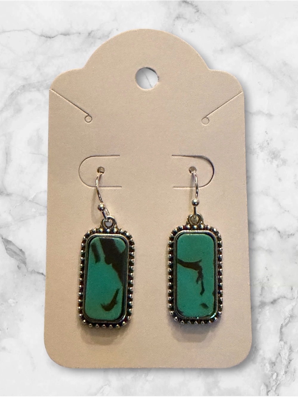 Turquoise Rectangle Drop Earrings - Green Stone Dangle